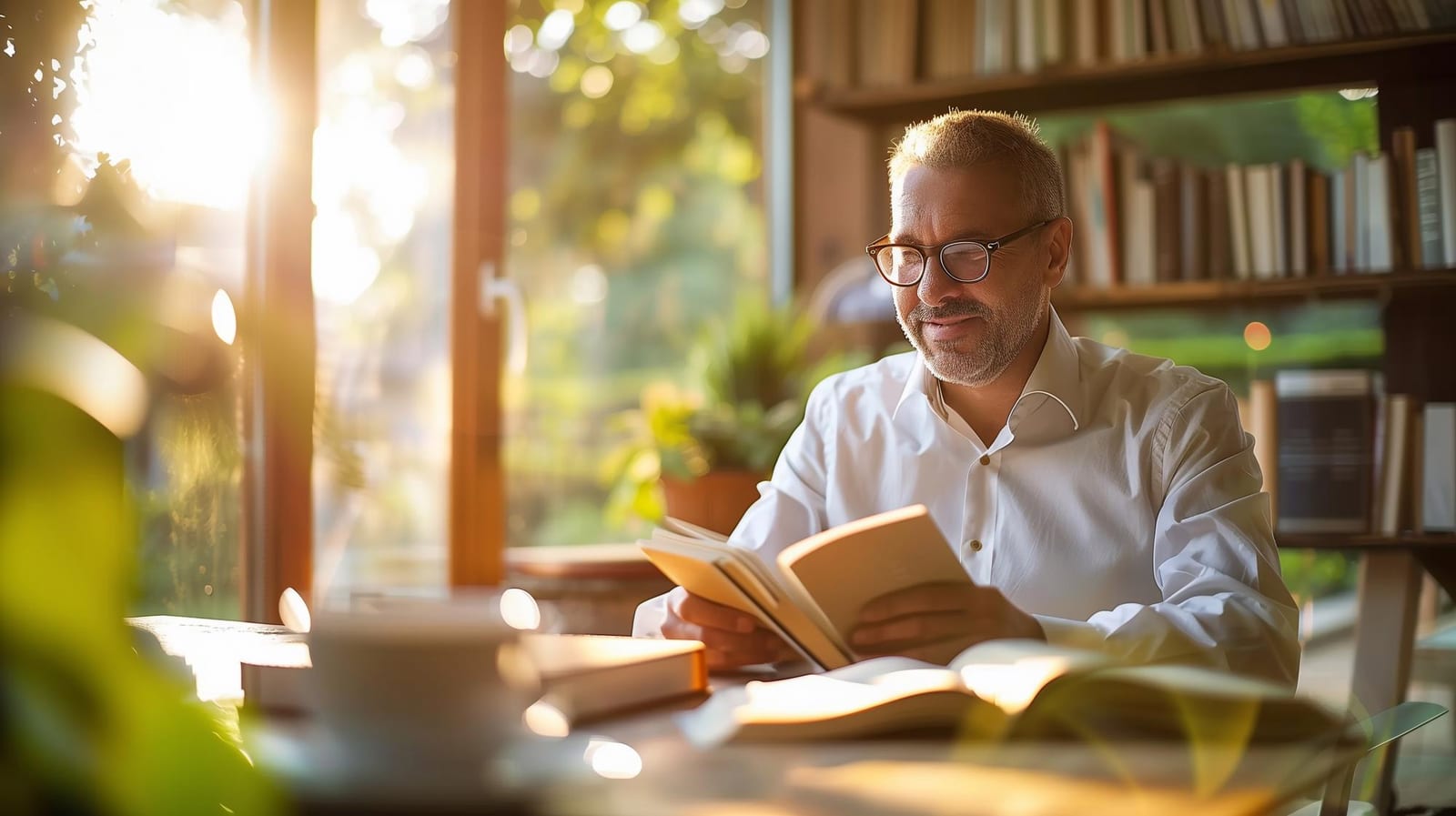 Leitor sentado à mesa perto da janela, com estante de livros ao fundo, luz da manhã
